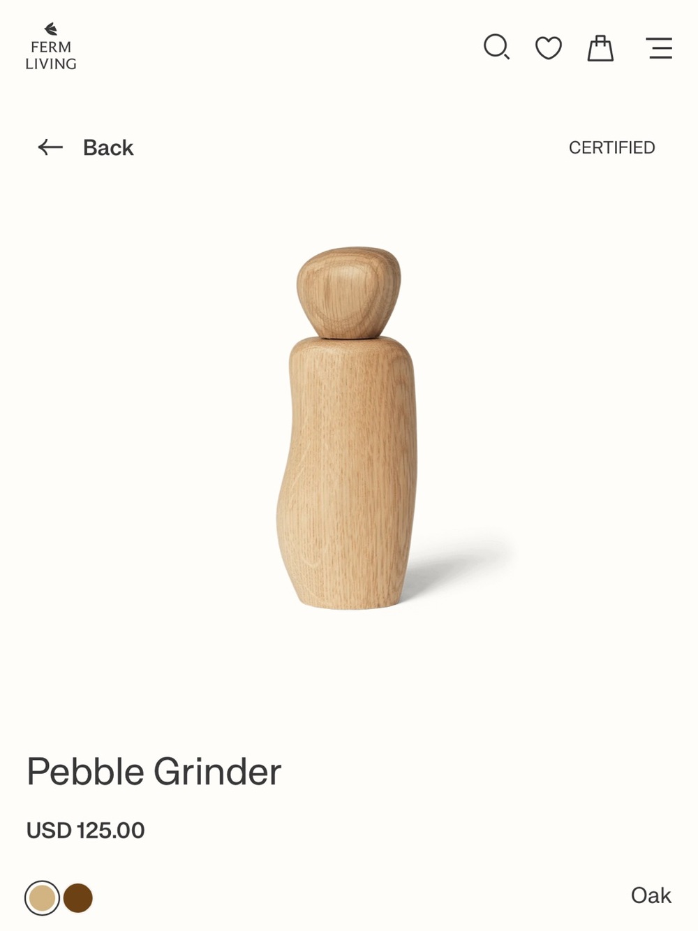 NEW, FERM LIVING PEBBLE GRINDER, OAK- NATURAL WOOD, SALT & PEPPER